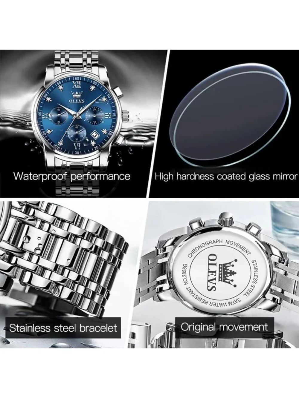 Olevs Men All Silver And Blue Multifunction Waterproof Luminor Chronograph Watch